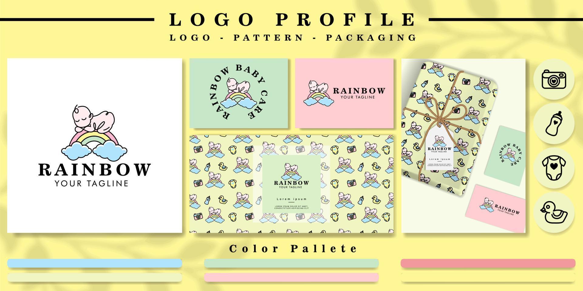 schattig regenboog baby-logo voor branding met kinderdagverblijfpatroon met mockup en pictogram vector