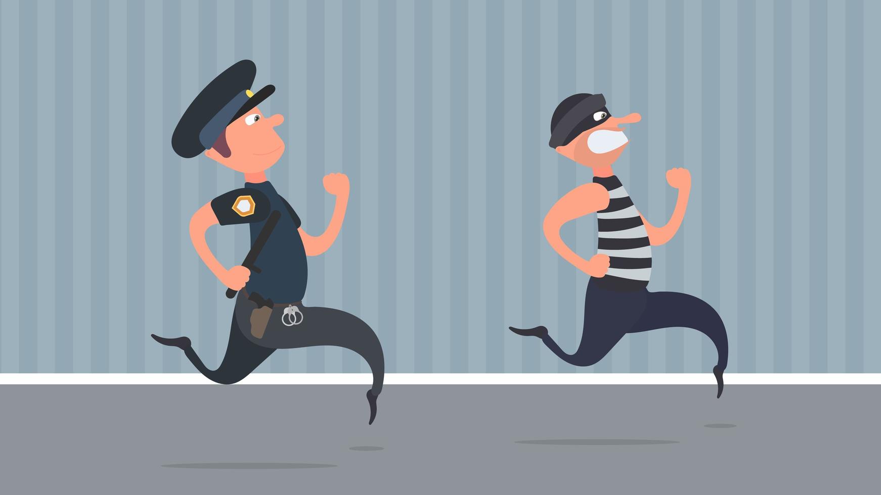 een politieagent rent achter een dief aan. de crimineel ontsnapt aan de politieagent. cartoon-stijl. vector. vector