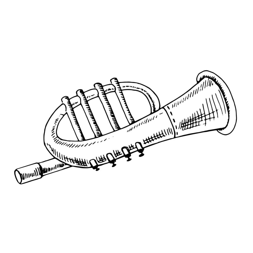 een handgetekende ink schets van een vintage muzikale trompet. muzikaal trompet speelgoed. overzicht op een witte achtergrond, vintage vectorillustratie. vector