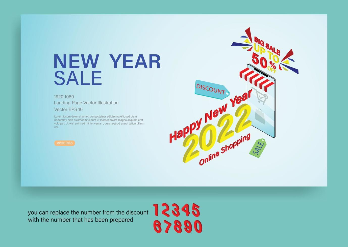 gelukkig nieuwjaar 2022, grote verkoop websjabloon voor spandoek met telefoon isometrisch plat thema-ontwerp. vector illustratie