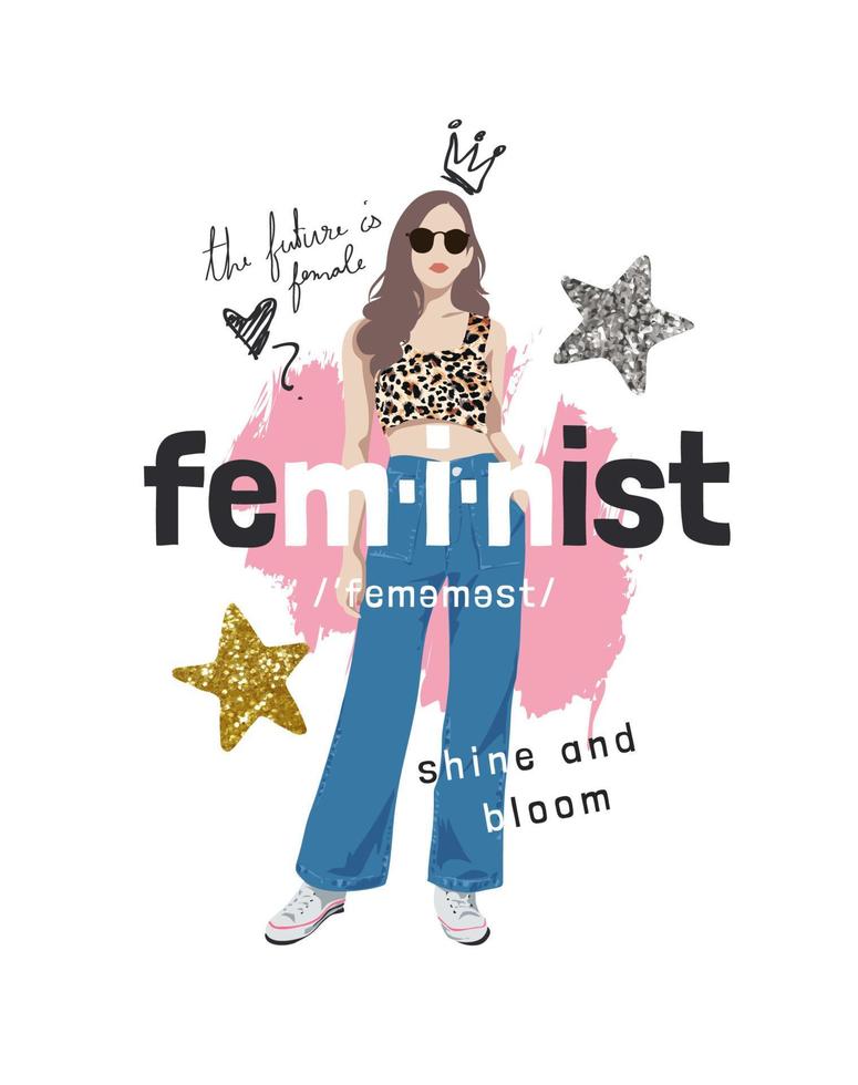 feministische slogan met modieus meisje en glittersterillustratie vector