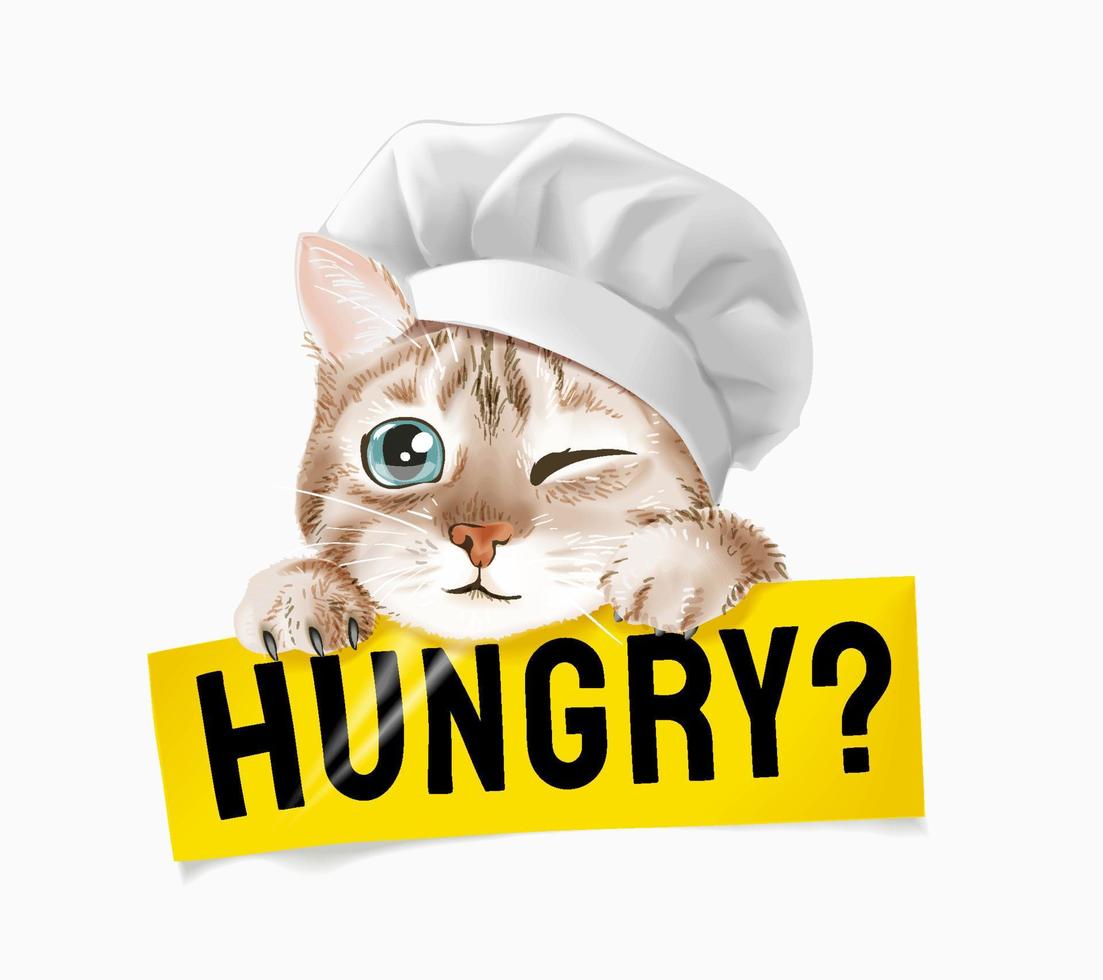 schattige kat in chef-kokhoed met hongerige tekenillustratie vector