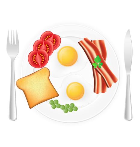 gebakken eieren met toast spek en groenten op een plaat vectorillustratie vector