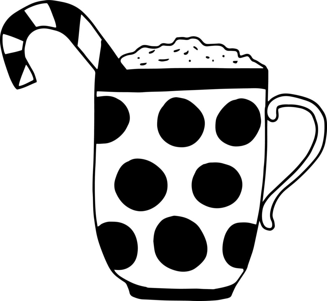 polka dot cup en candy cane hand getrokken doodle. , minimalisme. warme drank, cacao, koffie, thee, sticker, pictogrammenu afdrukken vector