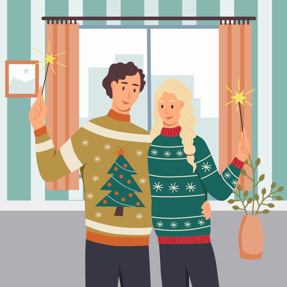 een stel in lelijke truien met sterretjes. een jonge man en een vrouw vieren het nieuwe jaar, kerstmis. platte cartoon vectorillustratie vector