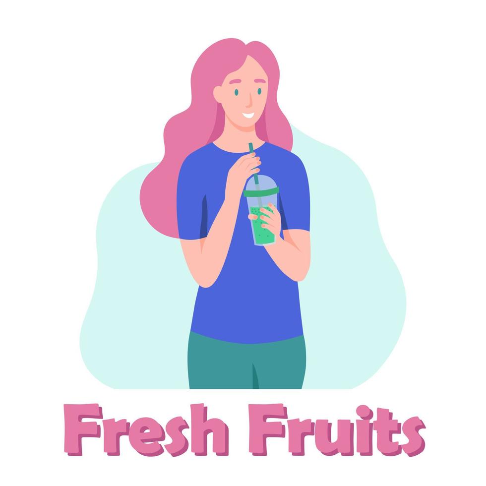 een jonge vrouw drinkt een smoothie, vers sap, een cocktail. het concept van goede voeding, gezonde levensstijl. platte cartoon afbeelding. vector