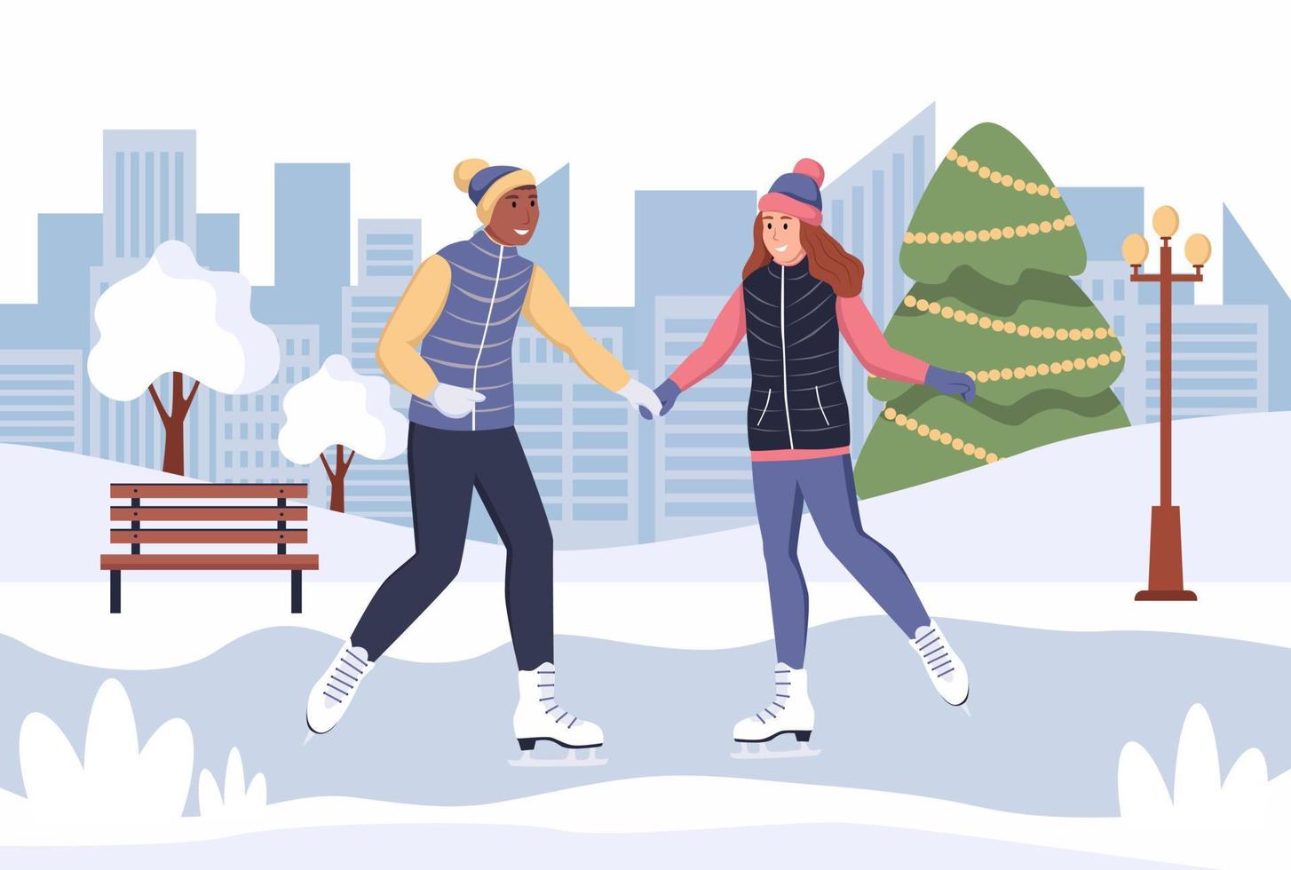 een jonge man en een vrouw schaatsen in de winter. een verliefd stel heeft plezier op een date. platte vectorillustratie vector