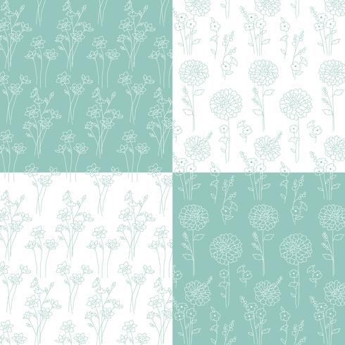 aqua blauwe groene en witte hand getrokken botanische patronen vector