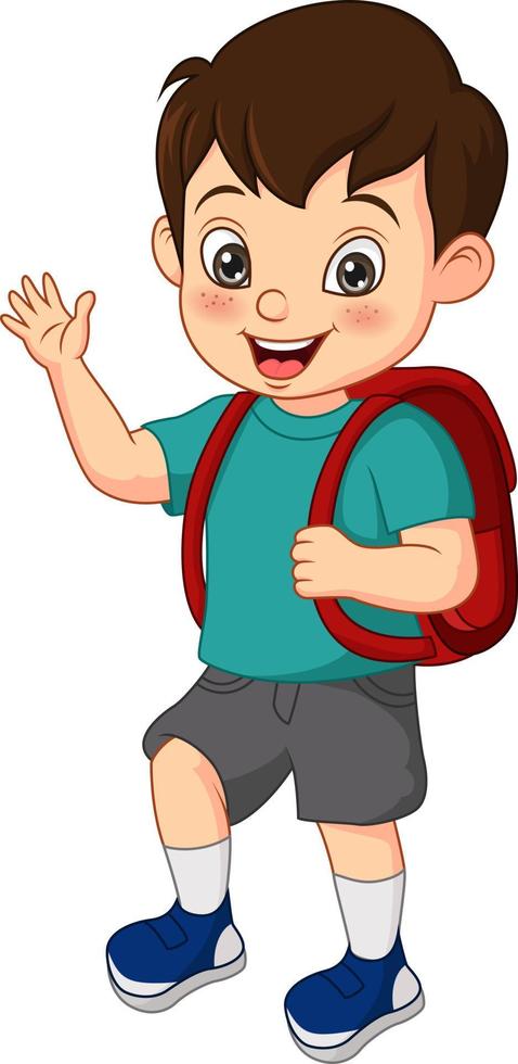 cartoon grappige kleine jongen met schooltas die met zijn hand zwaait vector