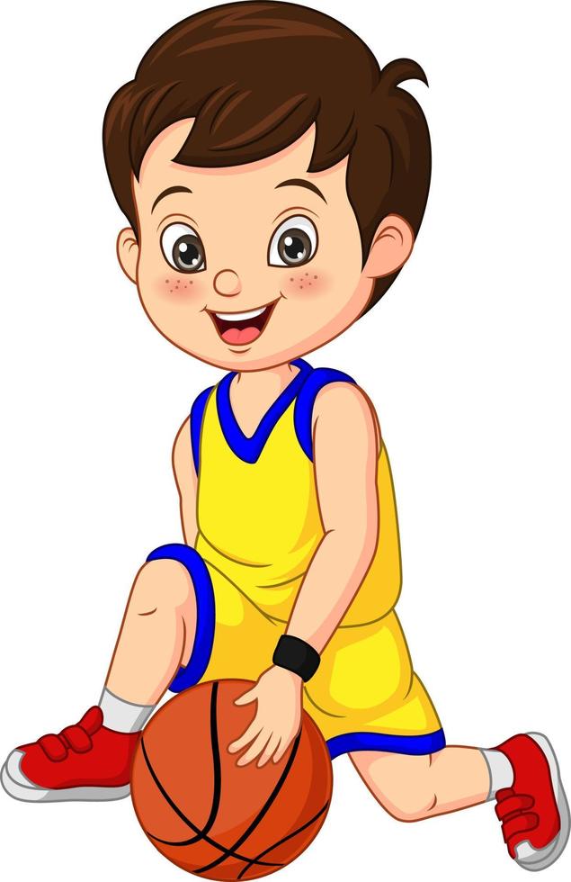 cartoon schattige kleine jongen die basketbal speelt vector