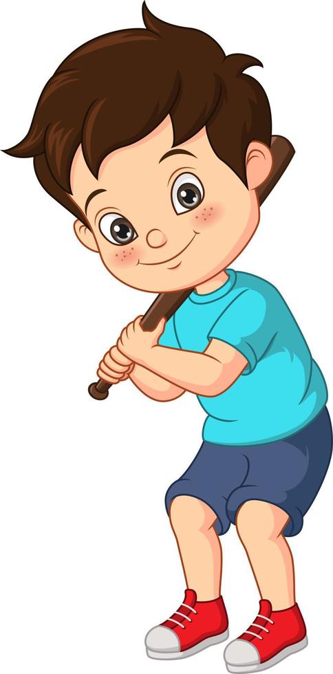 cartoon kleine jongen die bal slaat met houten knuppel vector