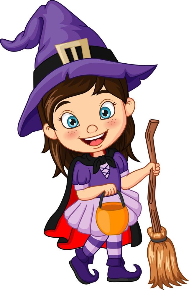 cartoon klein meisje dat halloween heksenkostuum draagt vector