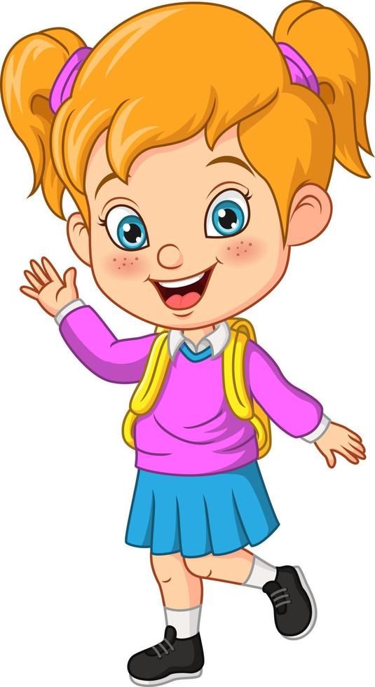 cartoon gelukkig schoolmeisje zwaaiende hand vector