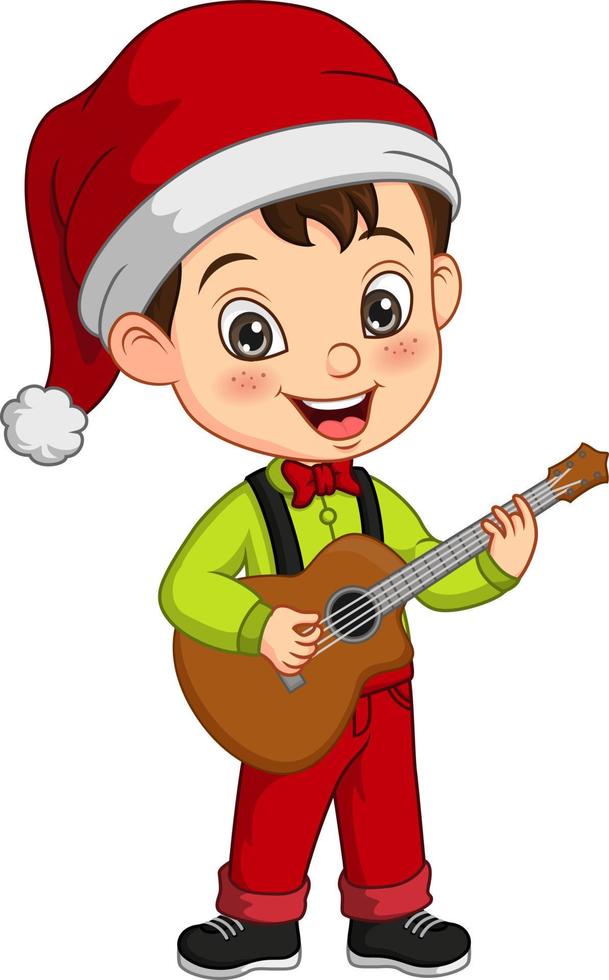 cartoon kleine jongen in kerstkostuum gitaar spelen vector