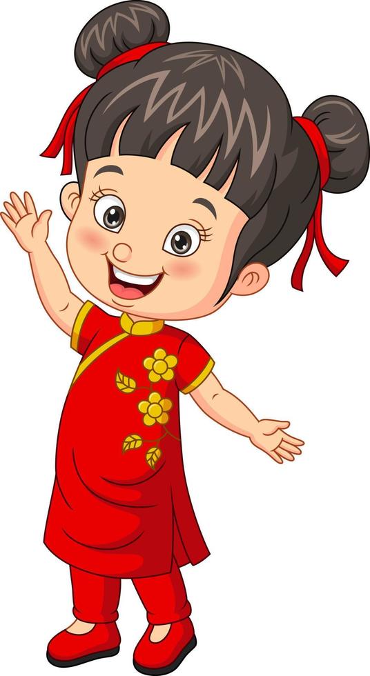 cartoon gelukkig chinees meisje zwaaiende hand vector