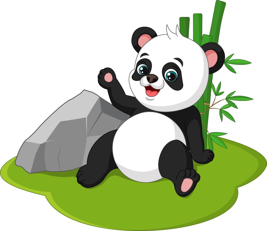 schattige baby panda cartoon zittend in het gras vector
