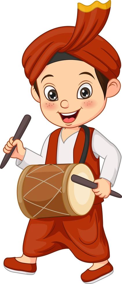 cartoon gelukkige punjabi jongen die dhol . speelt vector