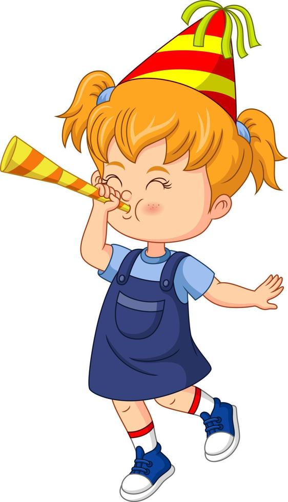 gelukkig klein meisje blaast op een papieren trompet vector