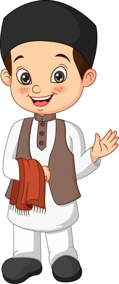 gelukkige moslim jongen cartoon op witte achtergrond vector