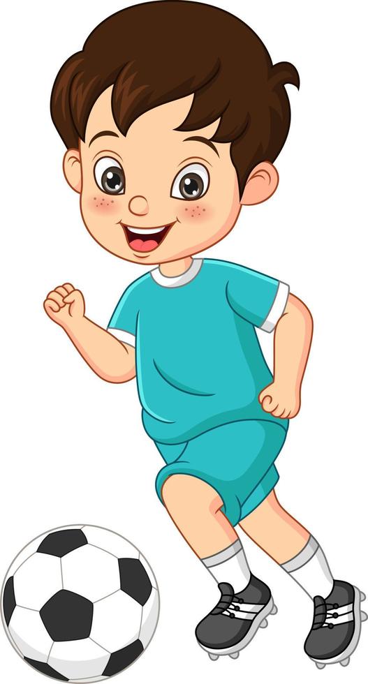 cartoon kleine jongen aan het voetballen vector