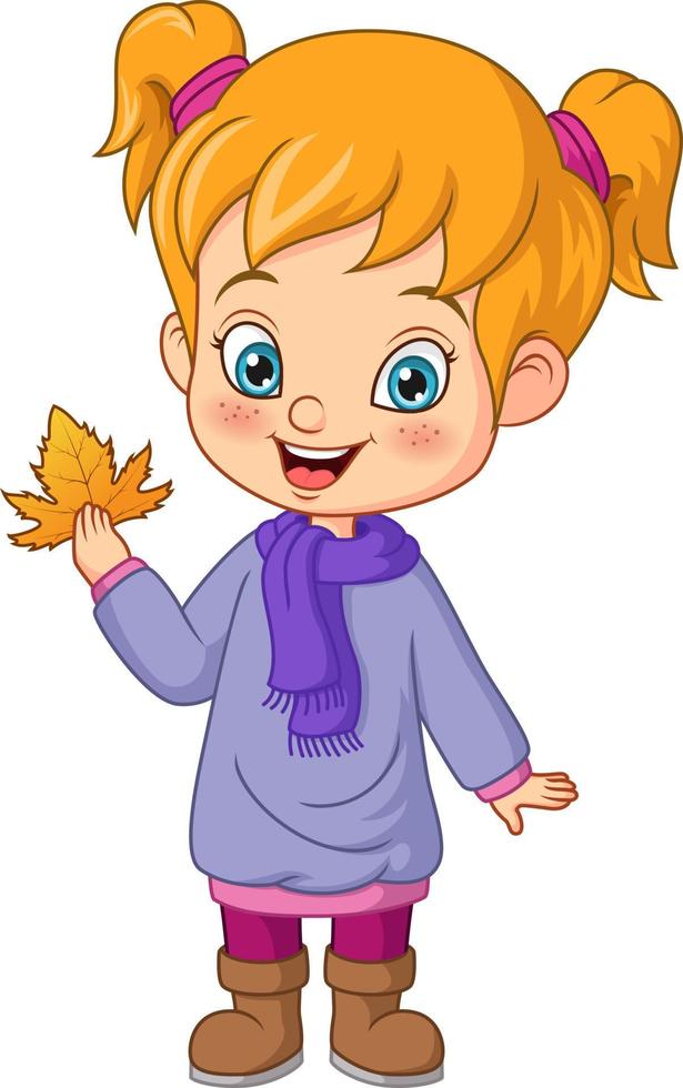 cartoon klein meisje in herfstkleren met esdoornblad vector