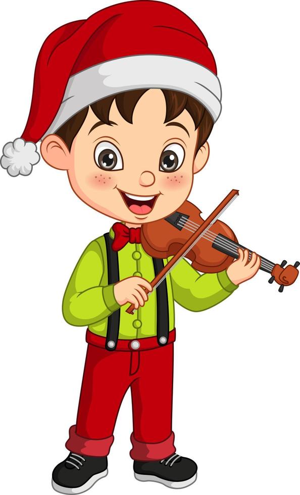 cartoon kleine jongen in kerstkostuum die viool speelt vector