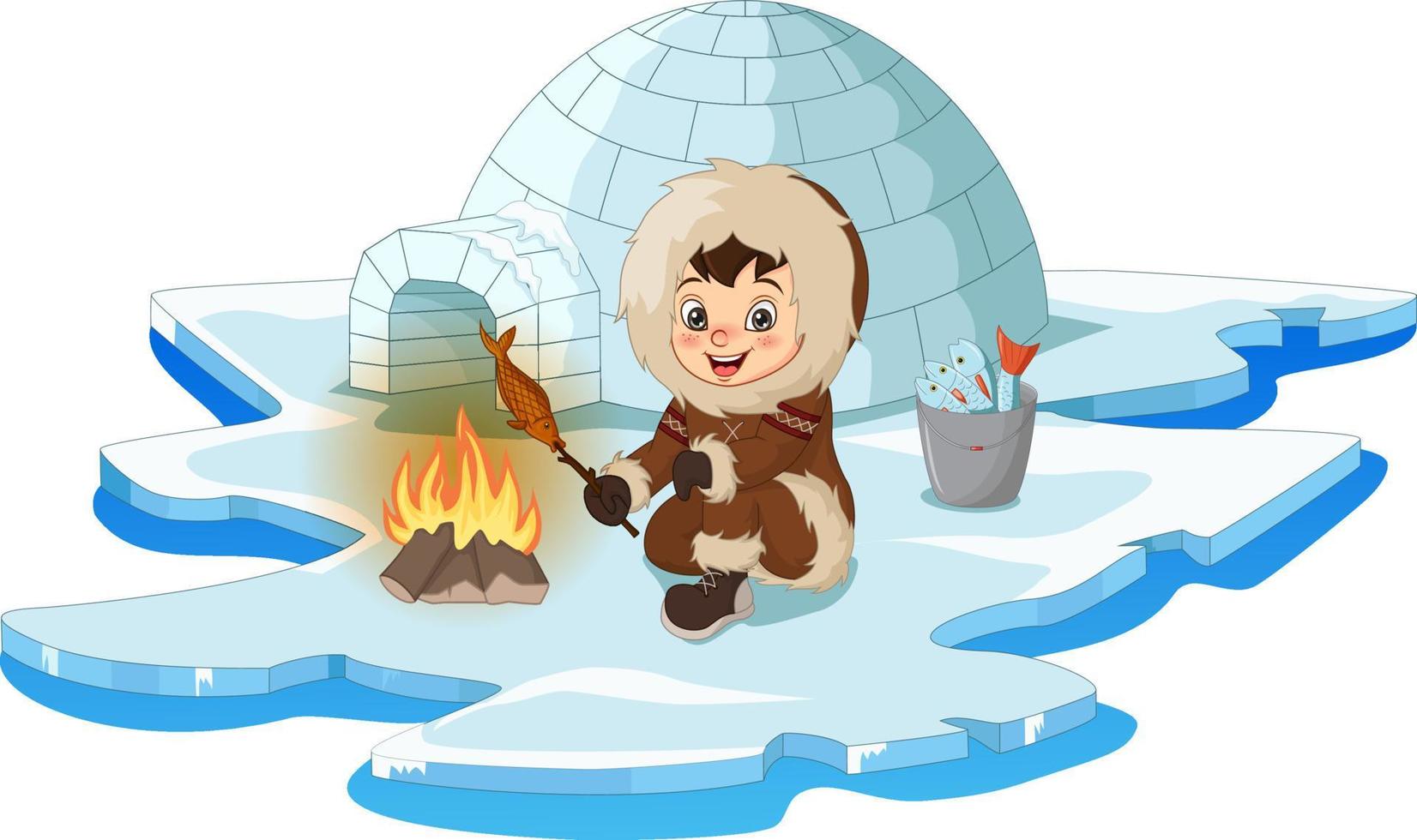 cartoon arctische eskimo met vreugdevuur en vis vector