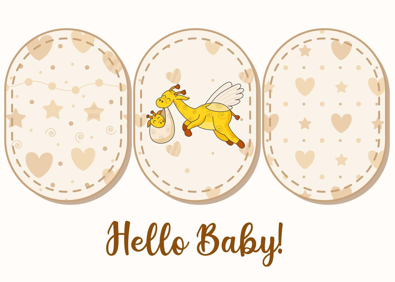 set van 3 patronen en belettering. een ansichtkaart voor een pasgeborene. grappige vliegende giraf. hallo schat. gefeliciteerd met de geboorte van een kind. geboortecertificaat. Hallo Wereld. vector