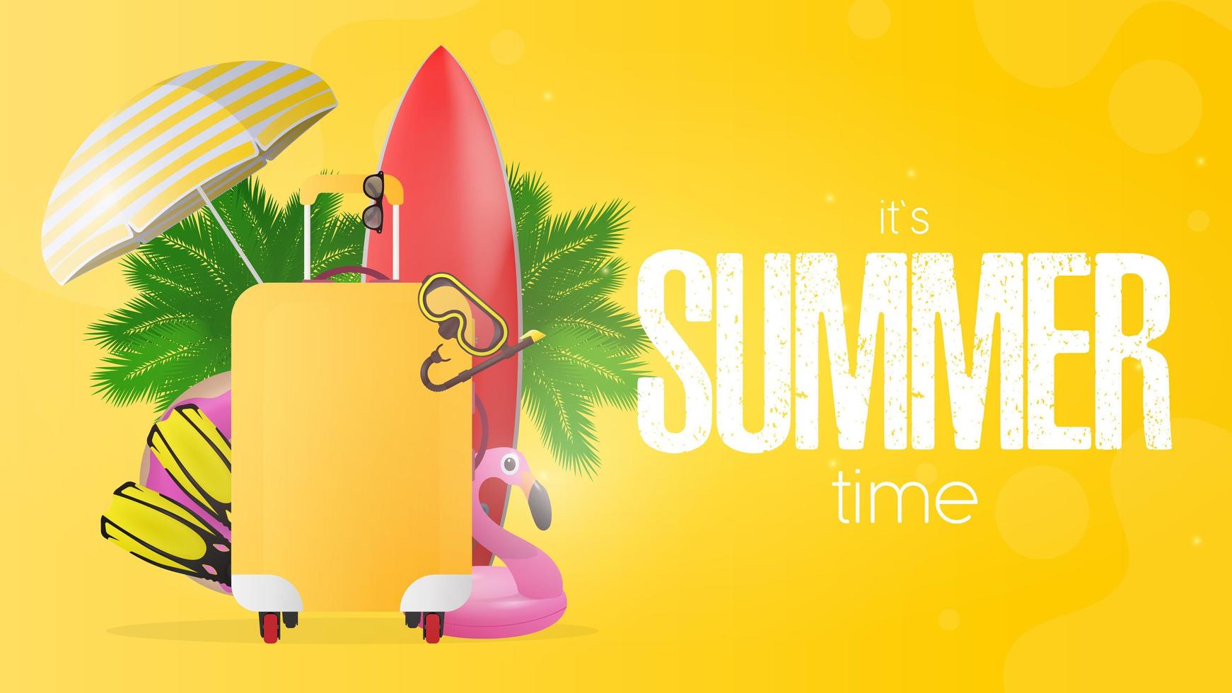 zomertijd gele banner. rode surfplank, gele koffer voor toerisme, flippers, zwemmasker, bril, palmbomen, paraplu, rubberen ringen om te zwemmen. vector. vector