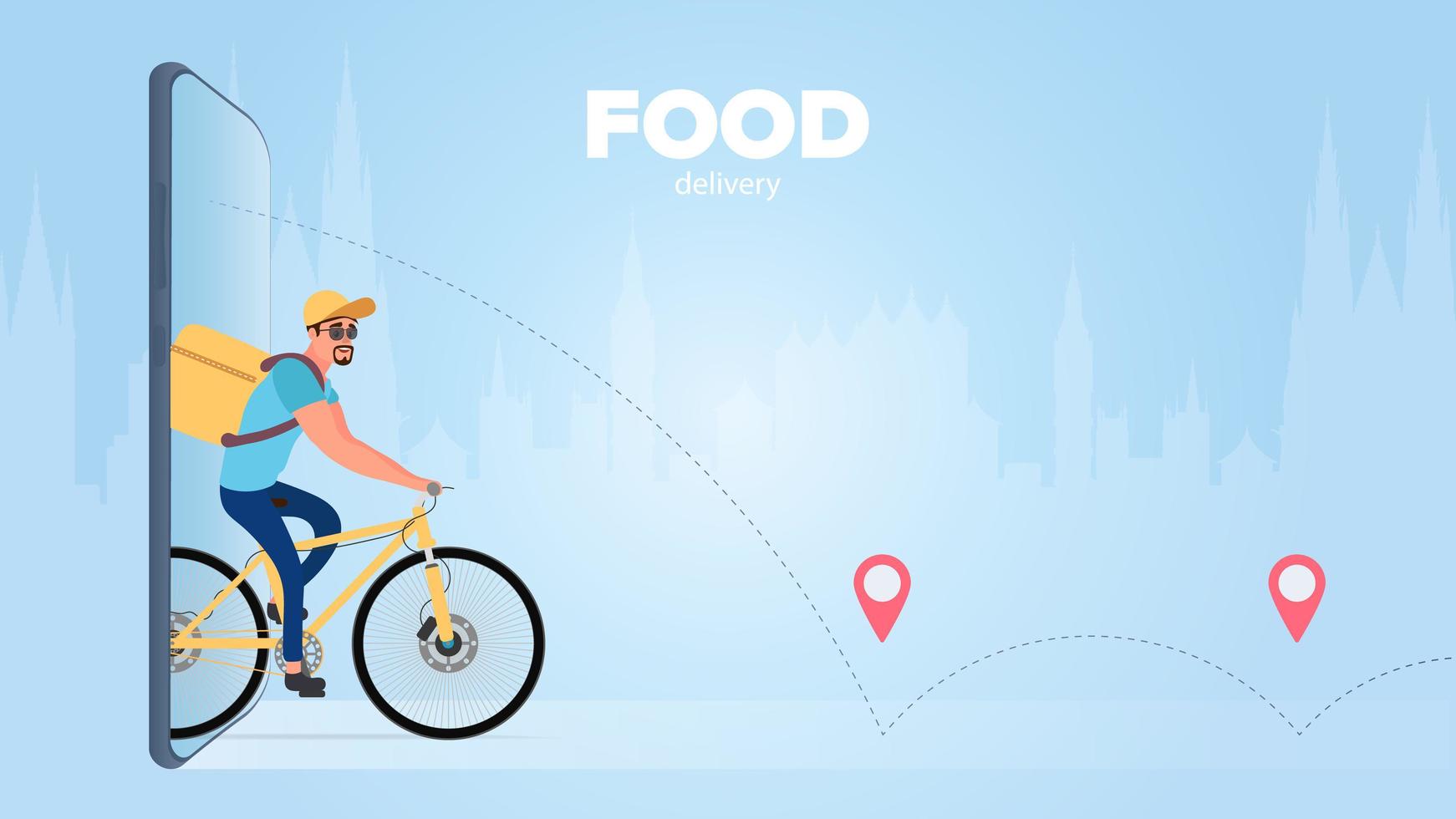 maaltijdbezorging op de fiets. de man rijdt op een fiets. het concept van voedselbezorging op fietsen. telefonisch bestellen van goederen. vectorillustratie. vector