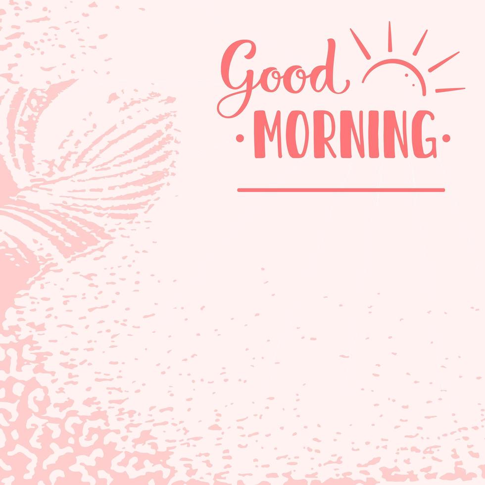 belettering goedemorgen. brieven met de zonsopgang. roze woorden met de rijzende zon op een roze achtergrond met een veer. vector