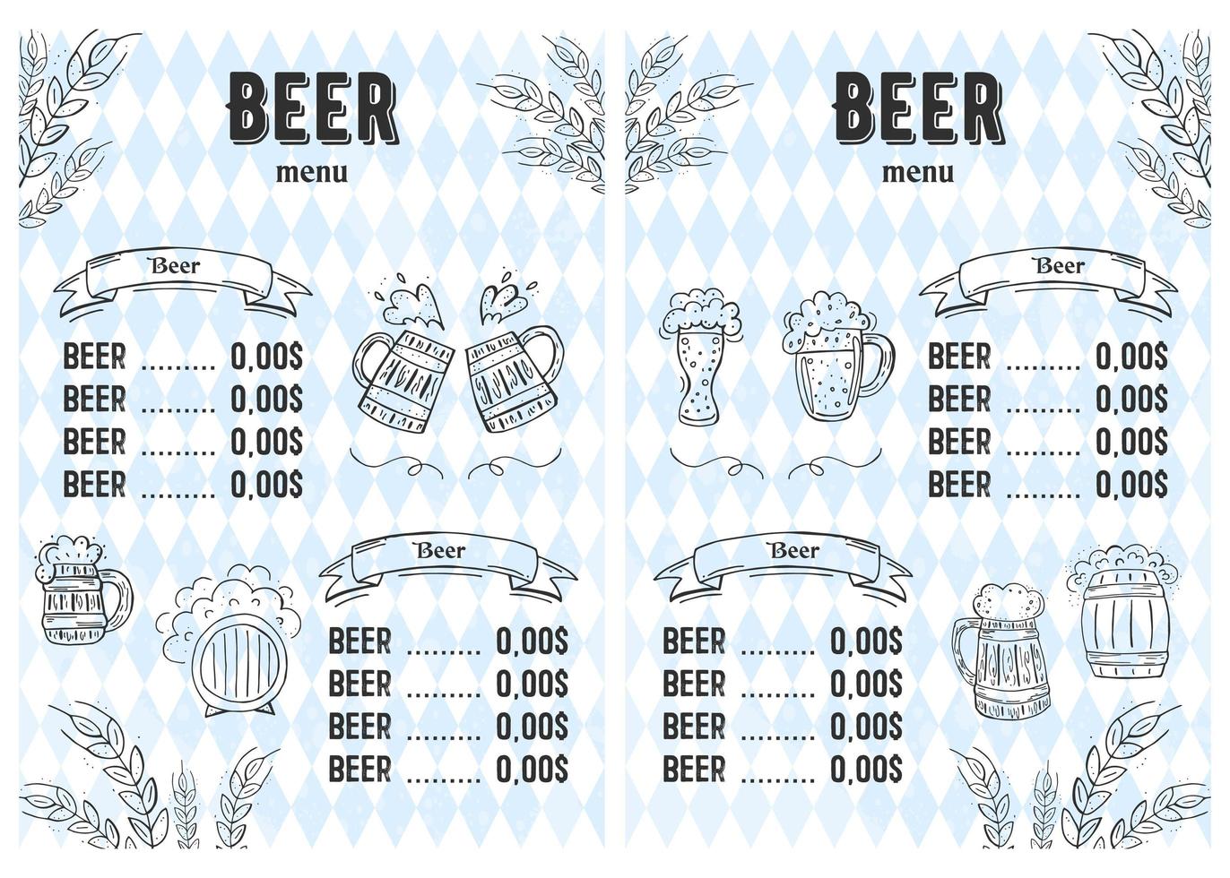 oktoberfest 2022 - bierfestival. handgetekende doodle elementen. Duitse traditionele vakantie. oktoberfest, ambachtelijk bier. blauw-witte ruit. verticale bierkaart. vector