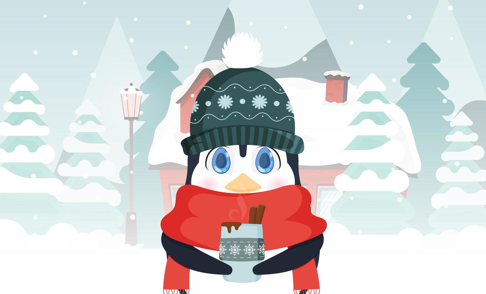 een kleine schattige pinguïn in een wintermuts en een sjaal houdt een warme drank in zijn handen. huis in een besneeuwd bos. kerstbomen, bergen, sneeuw. vectorillustratie. vector