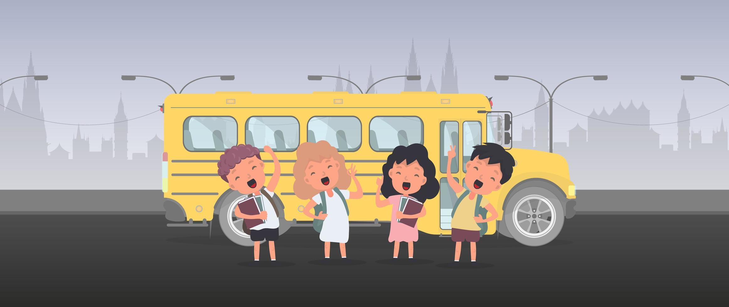 gelukkige kinderen en een schoolbus. kinderen gaan naar school. gele bus voor school. vetkor. vector