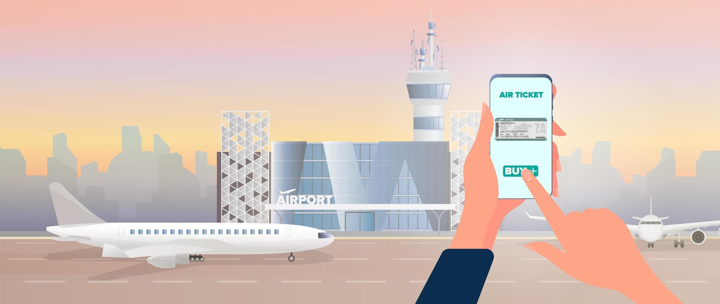 een kaartje kopen via een smartphone. online ticketaankoop. moderne luchthaven. landingsbaan. vliegtuig op de baan. luchthaven in een vlakke stijl. stad silhouet. vector illustratie