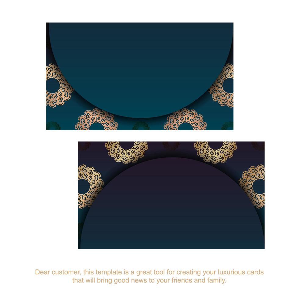 visitekaartje met blauwe kleurverloop met vintage gouden ornamenten voor uw contacten. vector