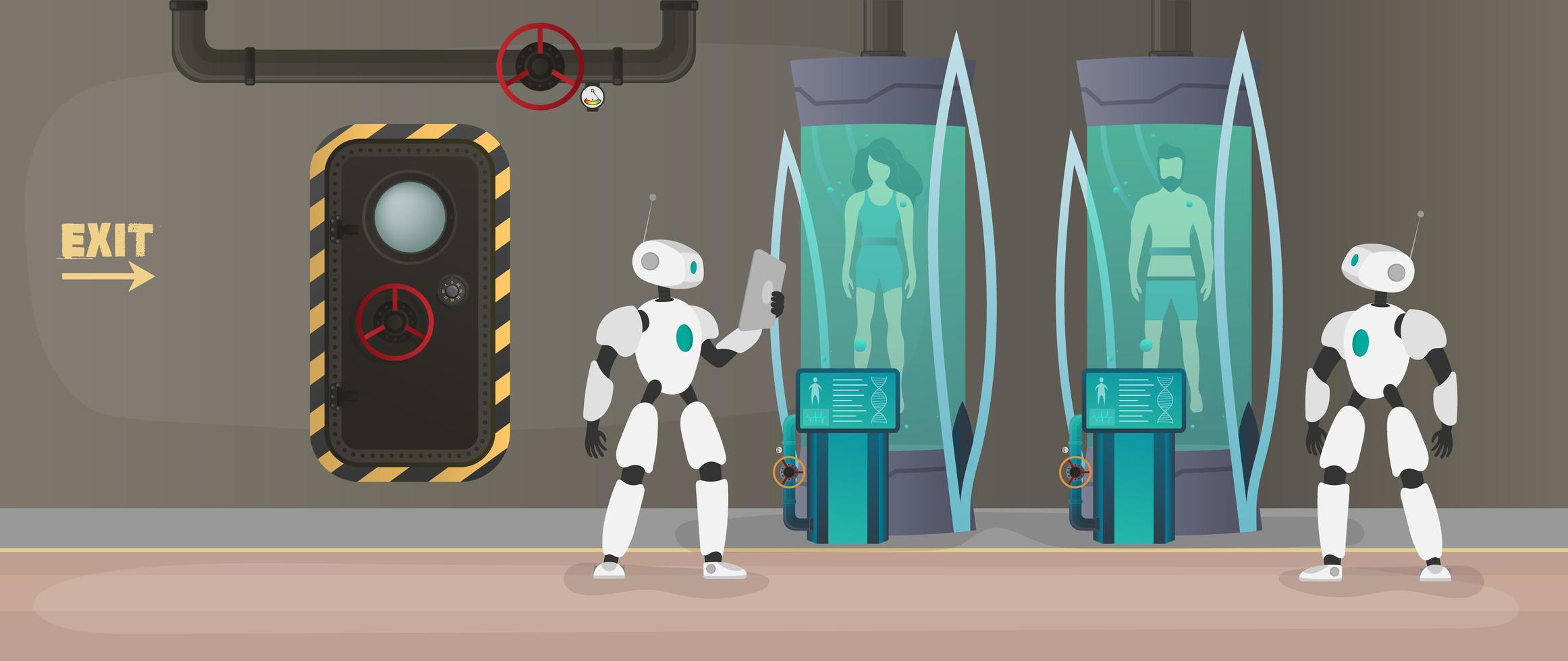 kolonisatie van de planeten. de robot controleert de toestand van de mens. futuristisch laboratorium met cryogene capsules. cryontechnologie voor mensen of de cryogene kamer van een astronaut. vector. vector
