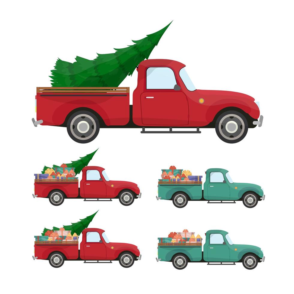 rode pick-up. vintage pick-up truck met een kerstboom en geschenken in de kofferbak. retro kerst auto. vector