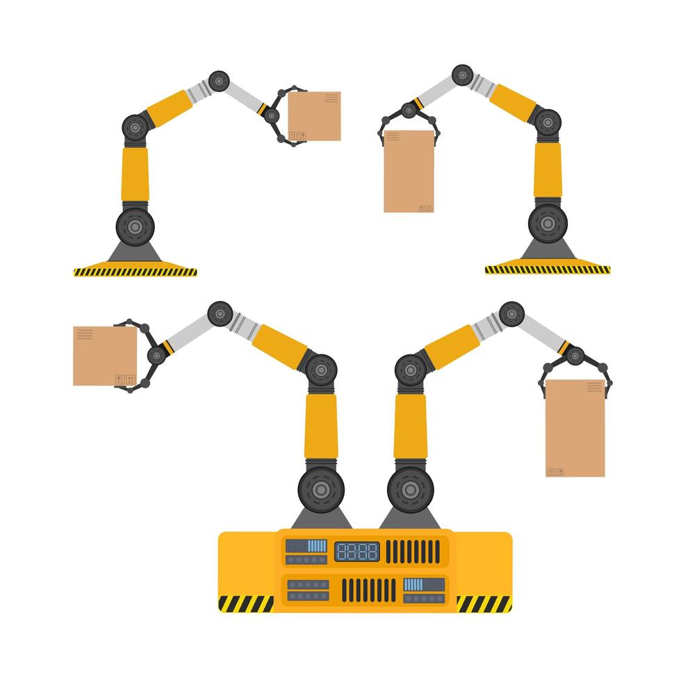 een mechanische robot houdt een doos vast. industriële robotarm tilt een last op. moderne industriële technologie. apparaten voor productiebedrijven. geïsoleerd. vector. vector