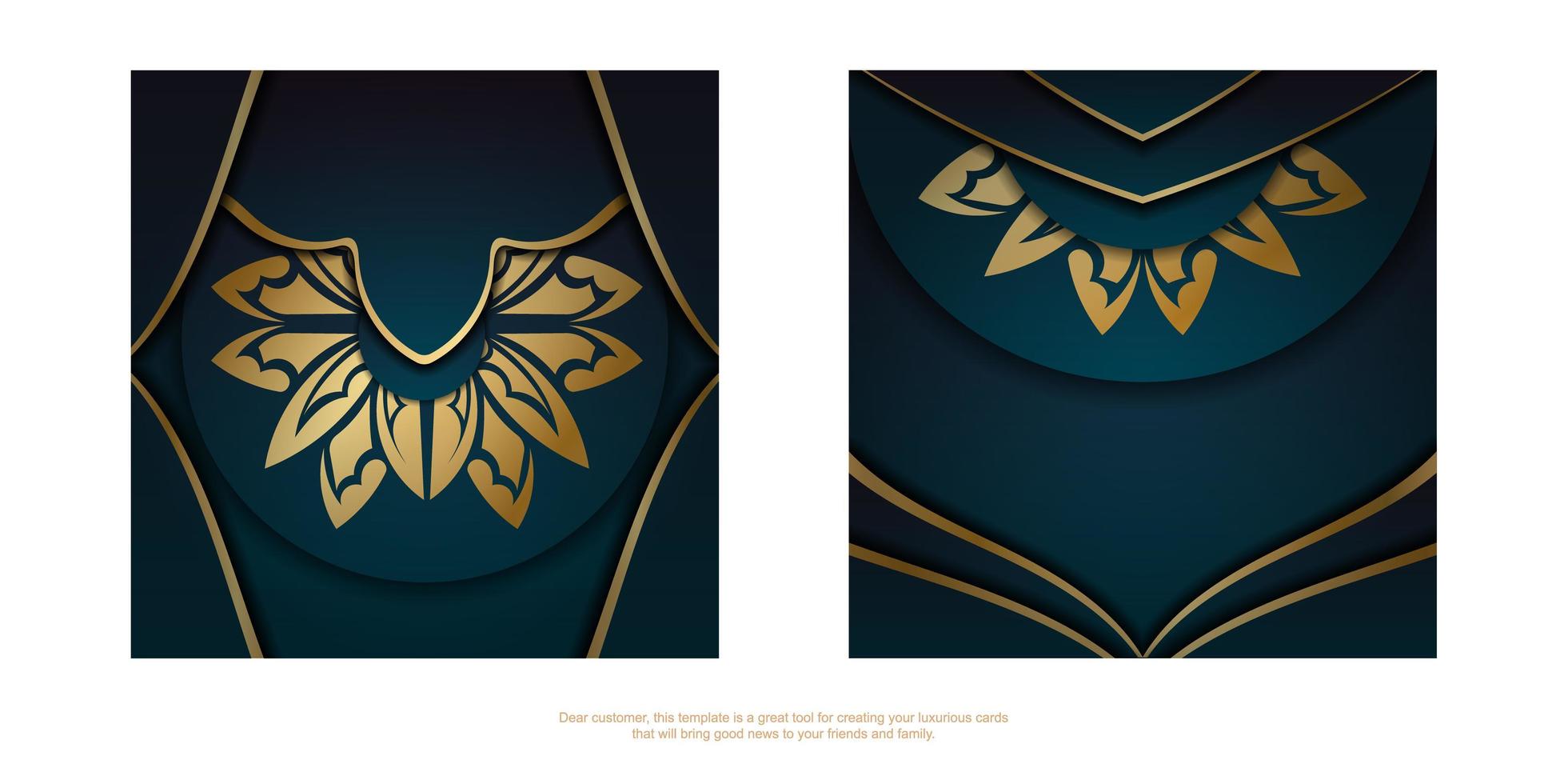 begroetingssjabloon voor folder met blauwe kleurverloop met Griekse gouden ornamenten die zijn voorbereid om af te drukken. vector