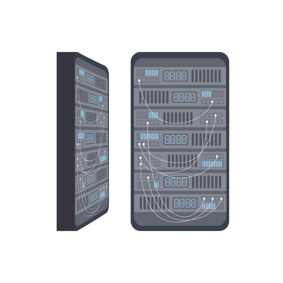 rack met serverhardware. het concept van een serverruimte, databank, webhosting. vector illustratie