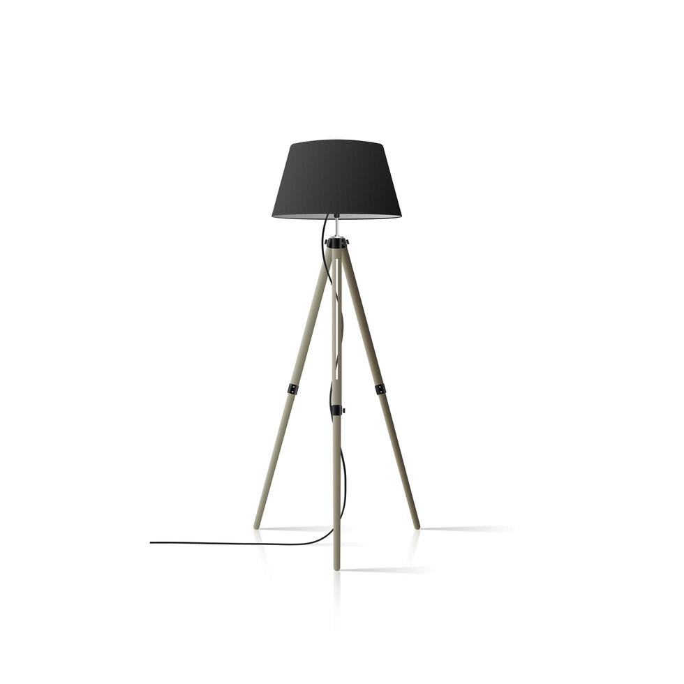 decoratieve vloerlamp statief. origineel model met zwarte zijden lampenkap en houten poten. vector