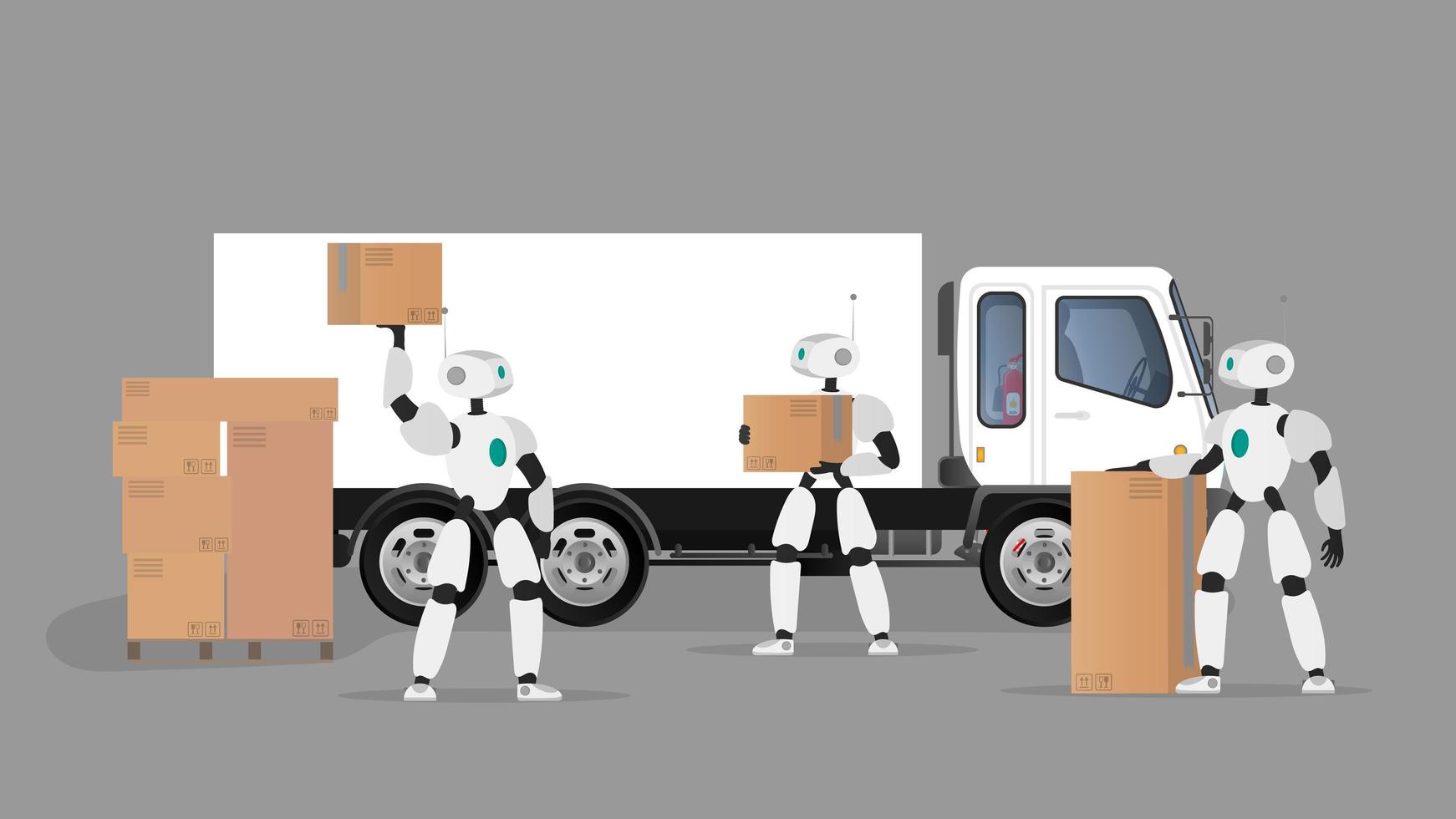 witte robots houden dozen vast. futuristische robots laden dozen in een vrachtwagen. het concept van toekomstige benodigdheden, kunstmatige intelligentie en technologie. geïsoleerd. vector