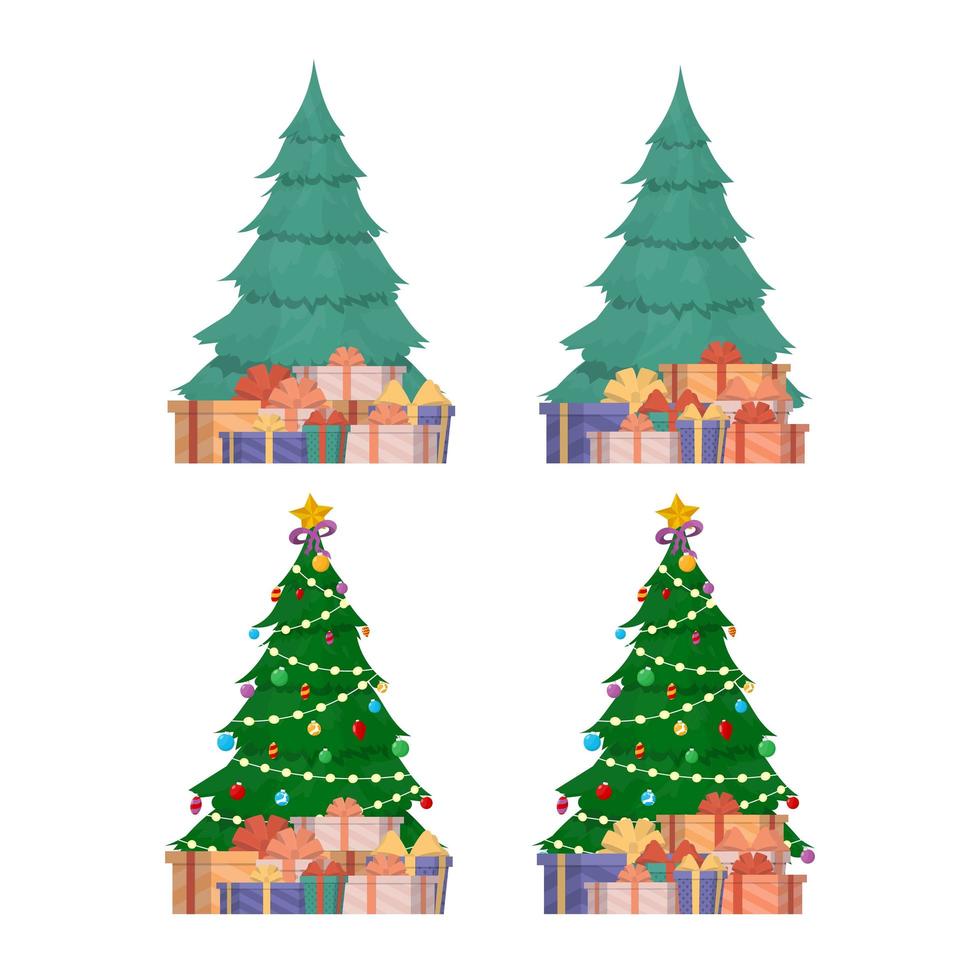 nieuwjaarsbanner met kerstboom en geschenken. groene naaldboom. cadeautjes onder de boom. vector. vector