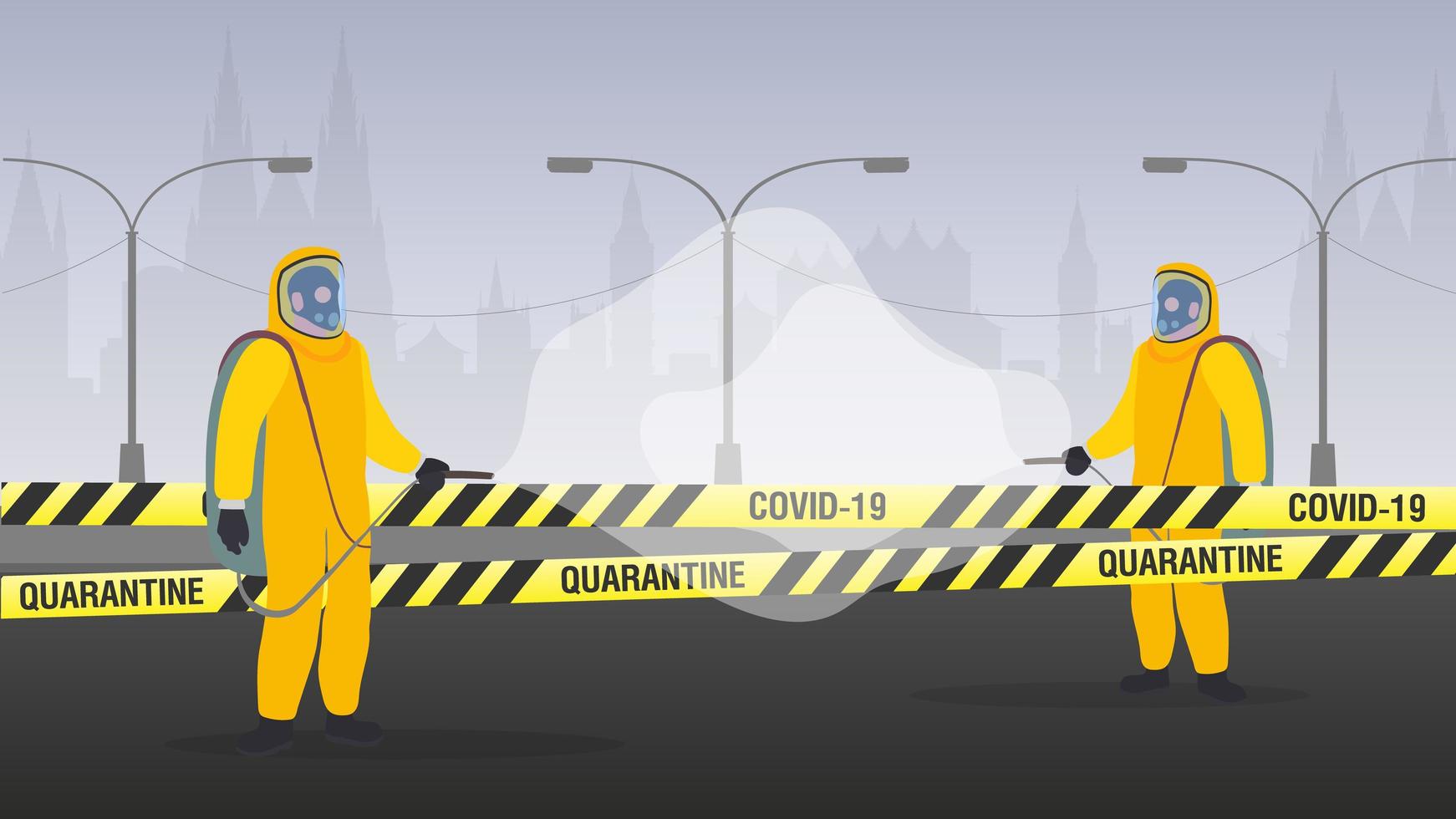 mensen in beschermende pakken tegen het virus. de stad is in quarantaine. coronavirus in de stad. gele linten met zwarte strepen. vector illustratie