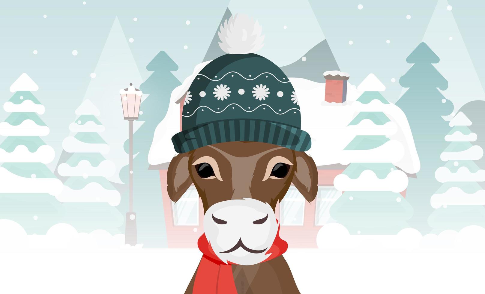 een stier in een warme wintermuts tegen de achtergrond van een winterbos. geschikt voor ansichtkaarten en boeken. vector