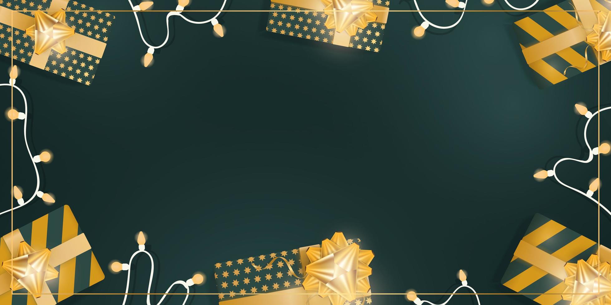 groene achtergrond met realistische geschenkdozen met gouden linten en strikken. slingers met bollen. uitzicht van boven. banner met ruimte voor tekst. vector. vector