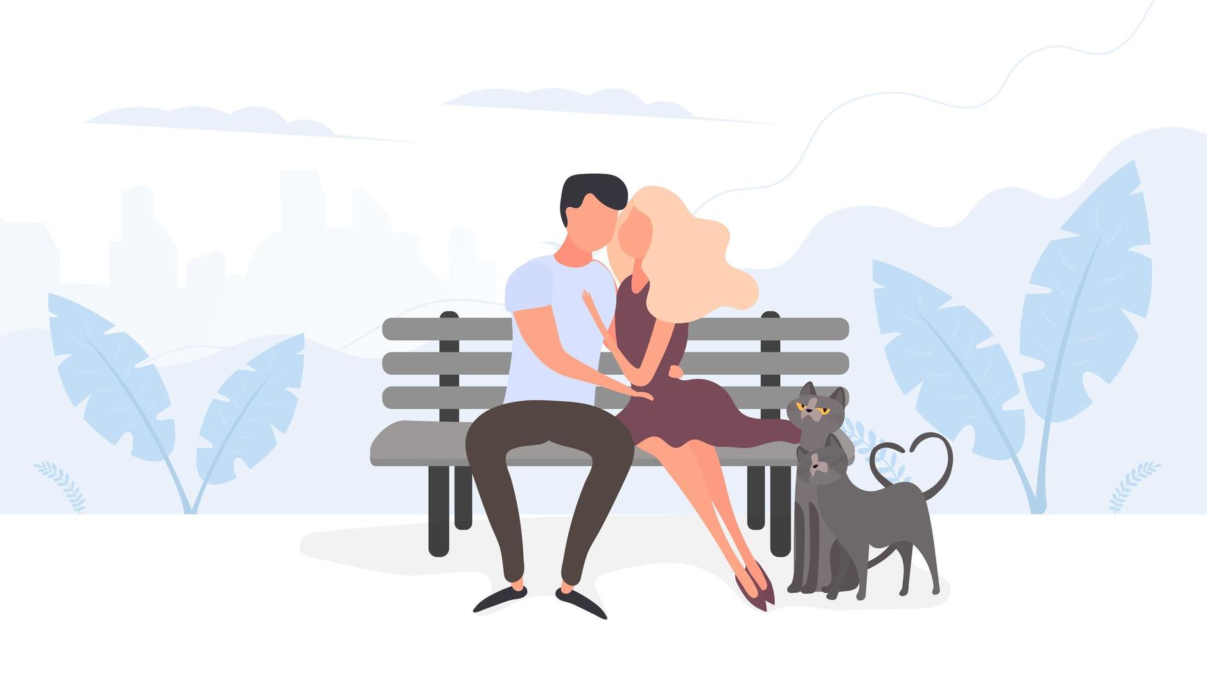 verliefde paar knuffelen in het park. liefdevolle vriend en vriendin in een stadspark. vectorillustratie. vector