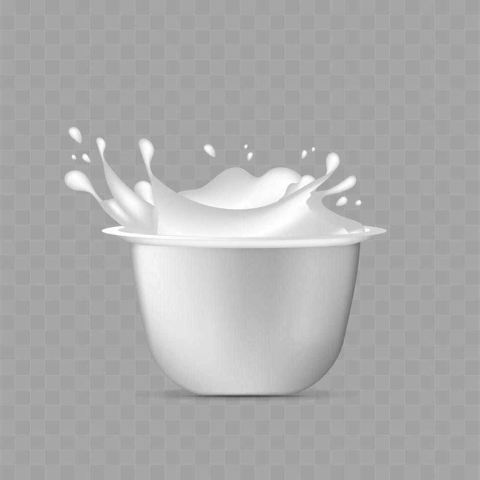 witte plastic beker voor yoghurt. spray van yoghurt. vector illustratie