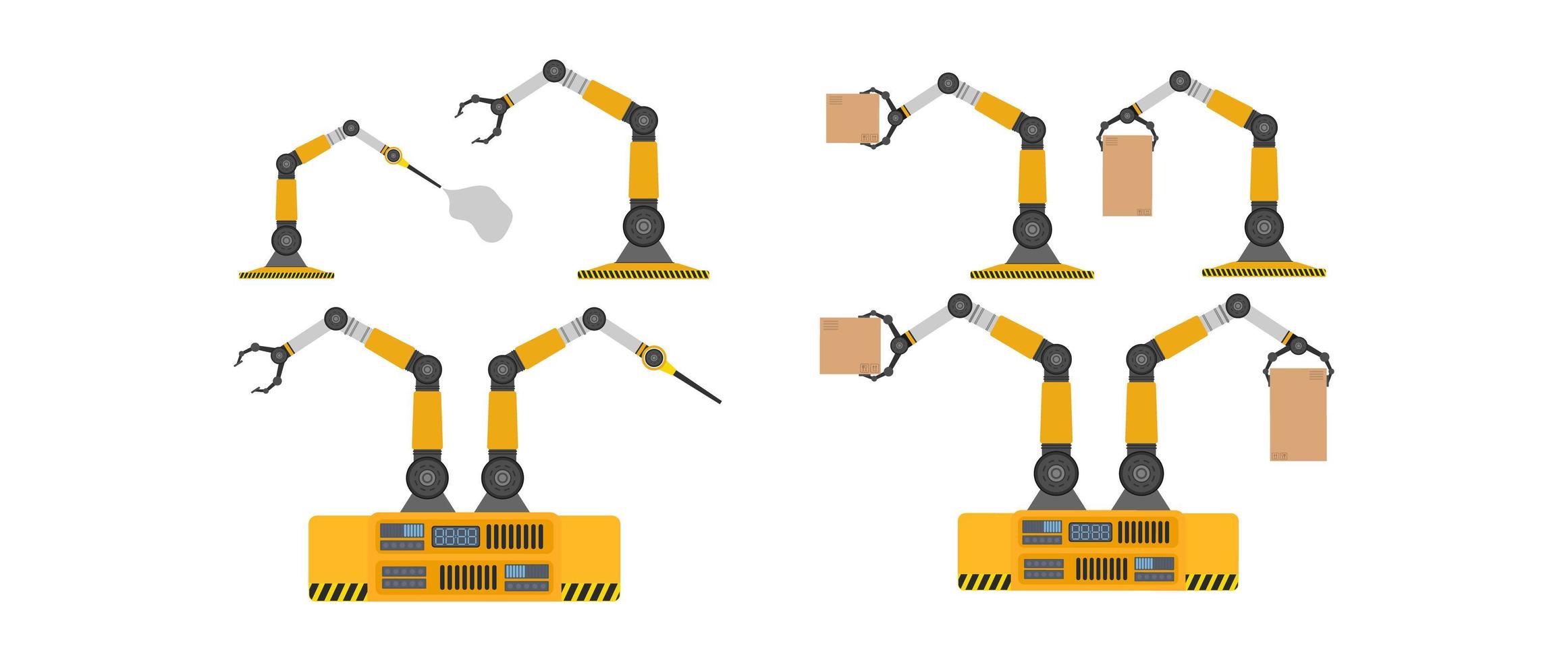 set van mechanische robots met dozen. industriële robotarm tilt een last op. moderne industriële technologie. apparaten voor productiebedrijven. geïsoleerd. vector. vector